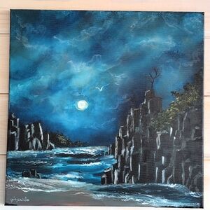 New Dramatic Dark Seascape Gothic Moon Original Acrylic Painting Signed Canvas